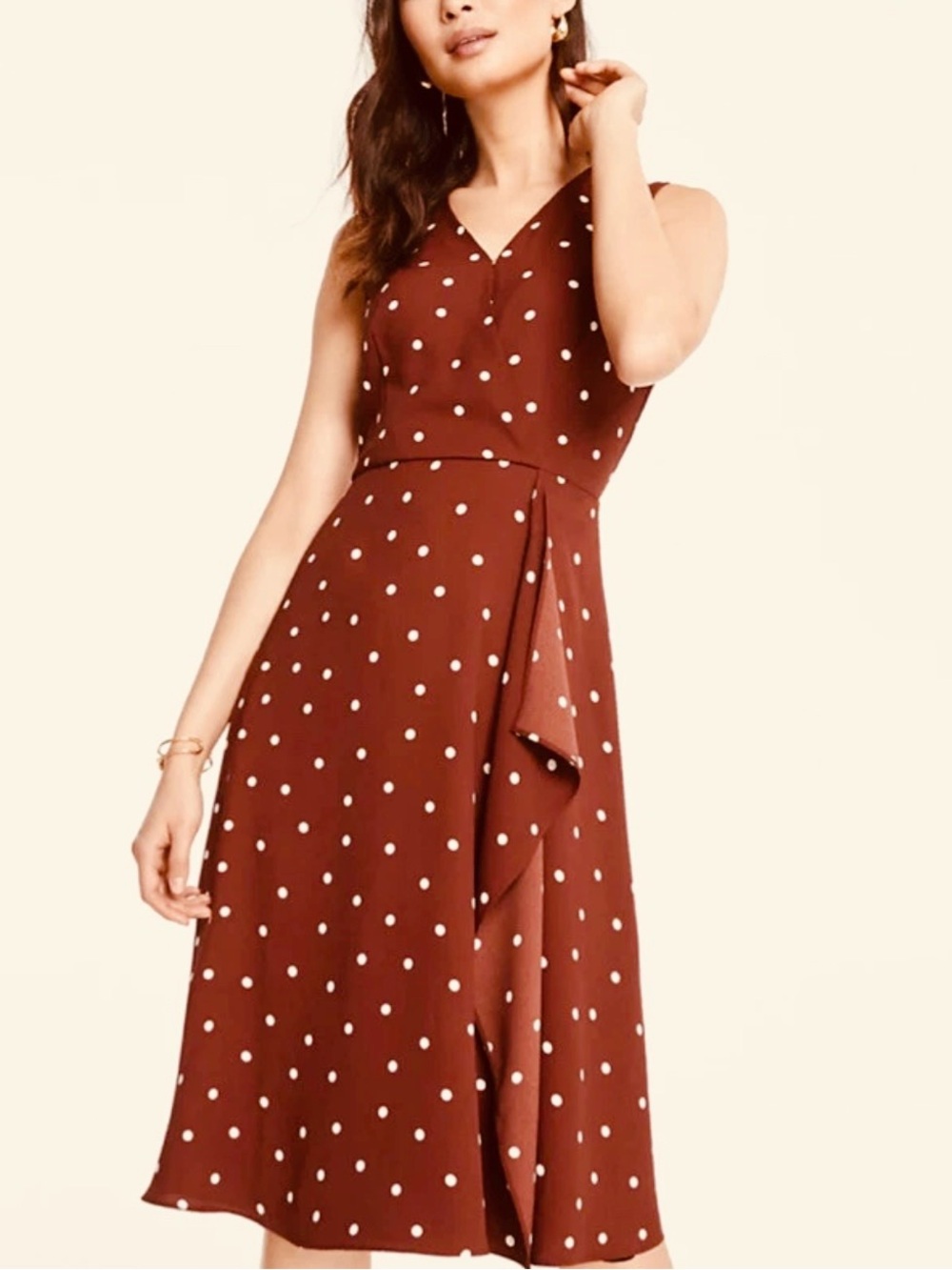 Ann Taylor Rust Brown Polka Dot V-Neck Midi Dress